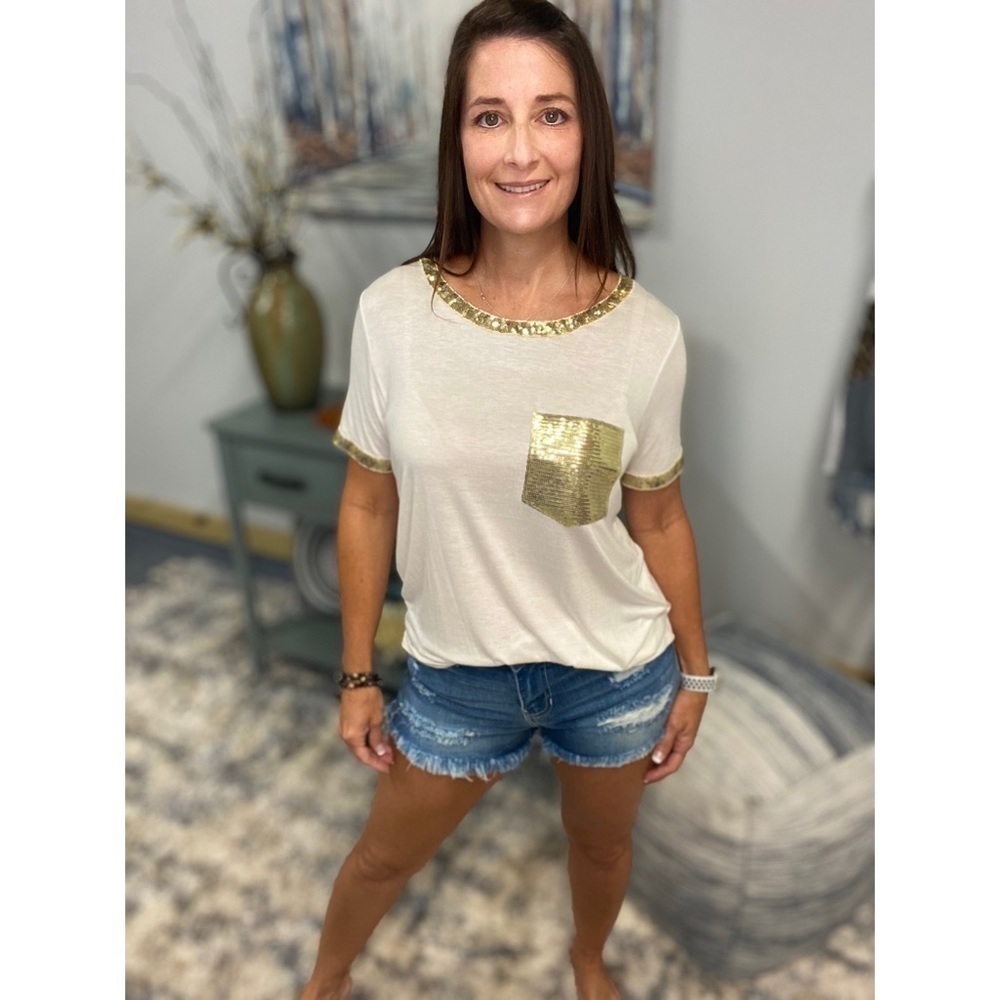 ❤️‍🔥Sequined Pocket Neck Sleeves Top White Gold 1020